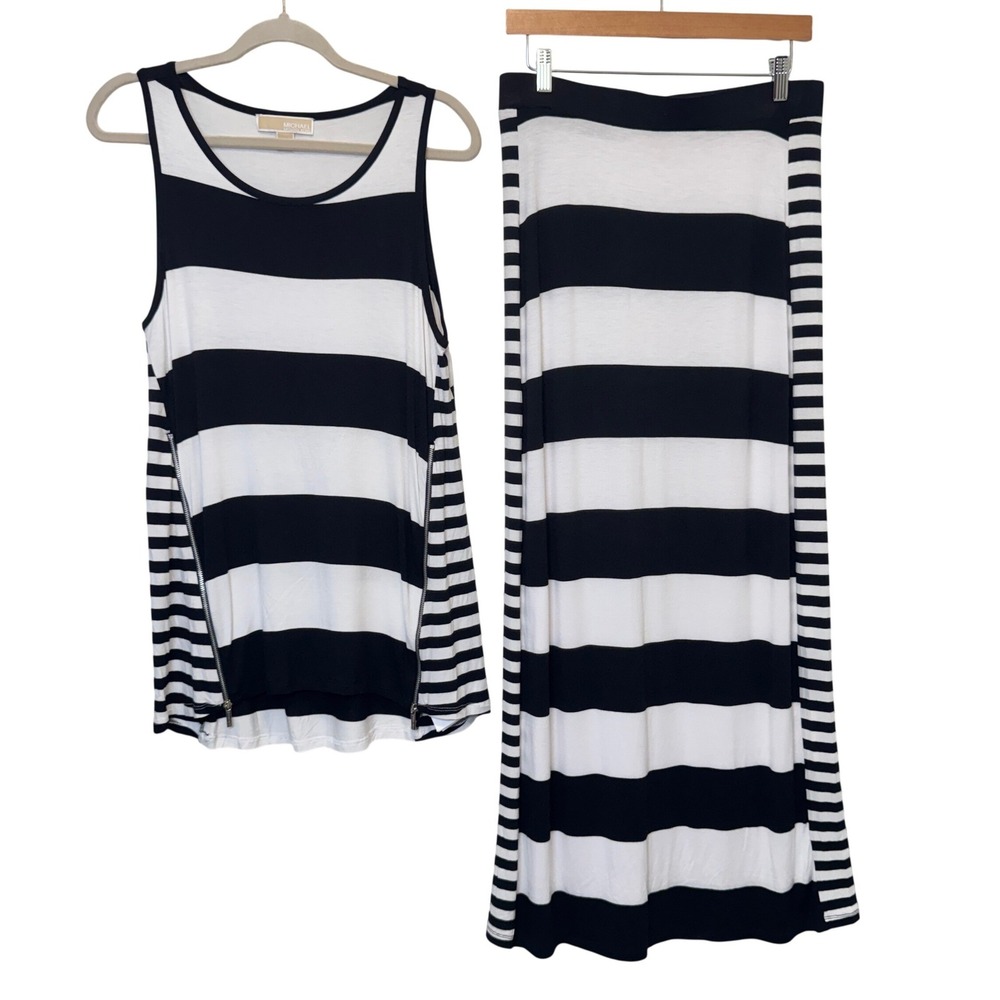 Michael Kors 2 Piece Set M Black White Striped Stretch Zipper Tank Maxi Skirt
